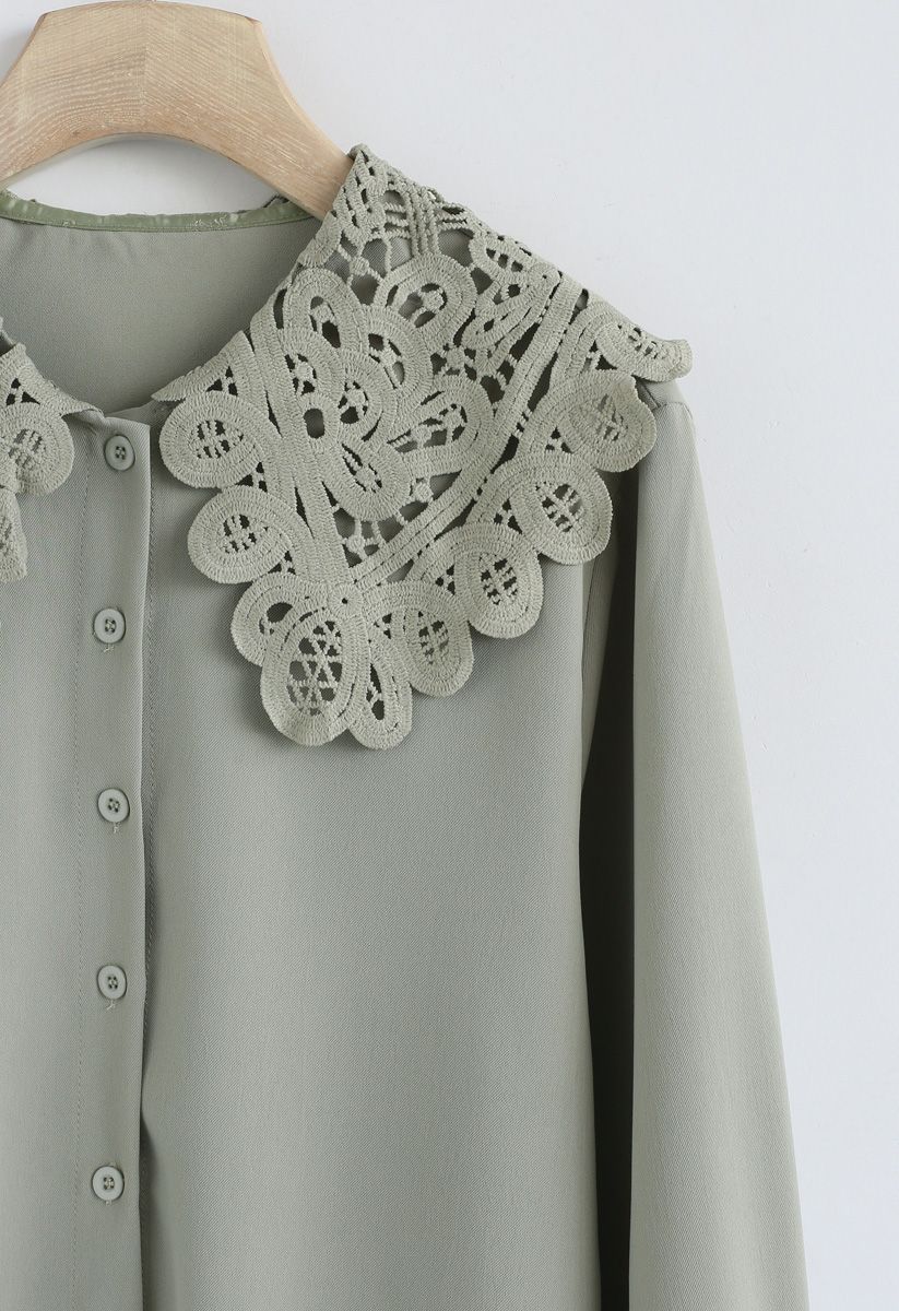 Romantic and Vintage Crochet Collar Top in Moss Green