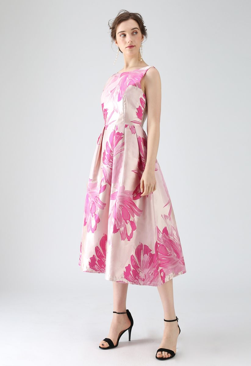Bauhinia Blossom Jacquard Midi Dress in Pink