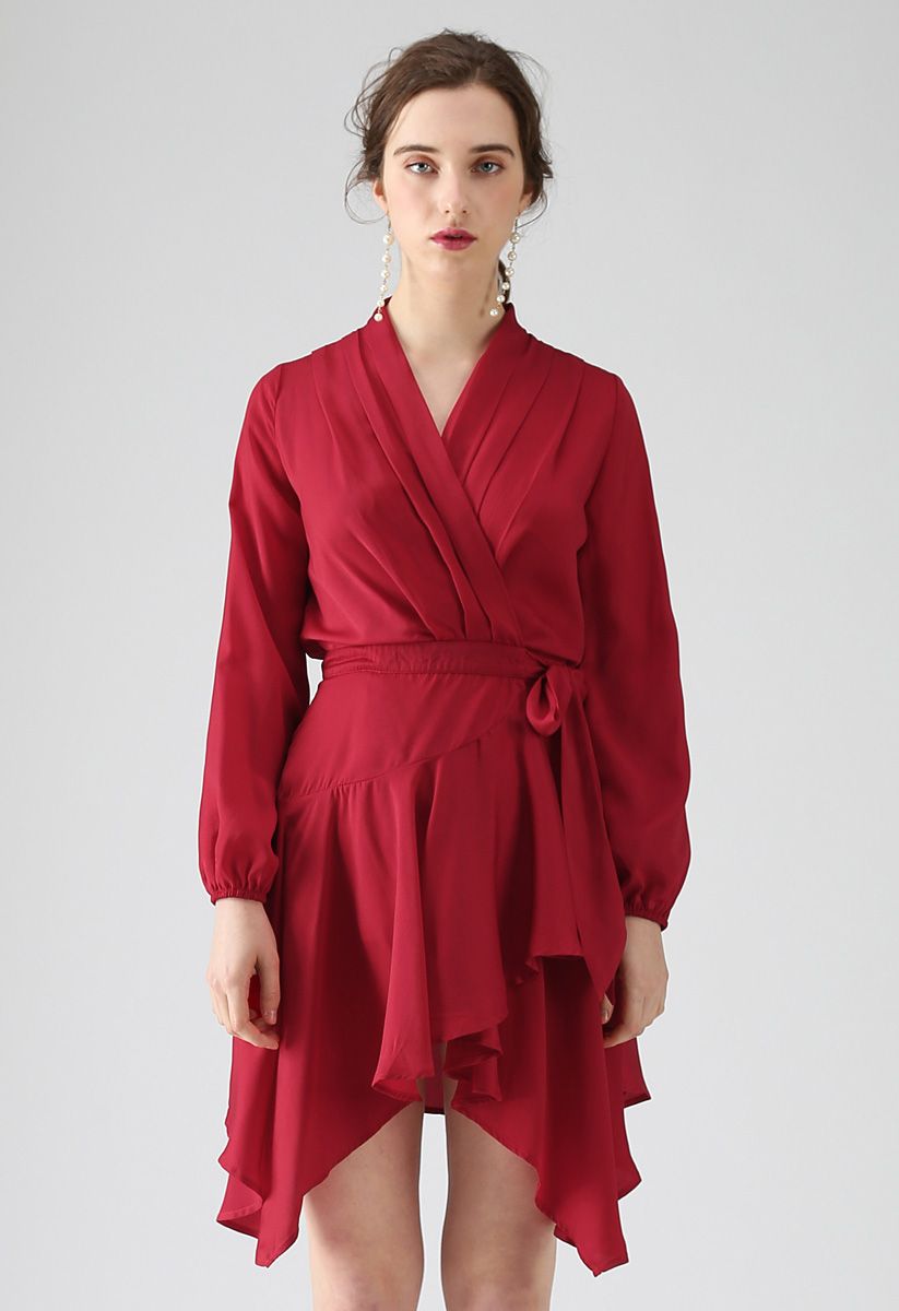 不對稱裹身連衣裙--紅色