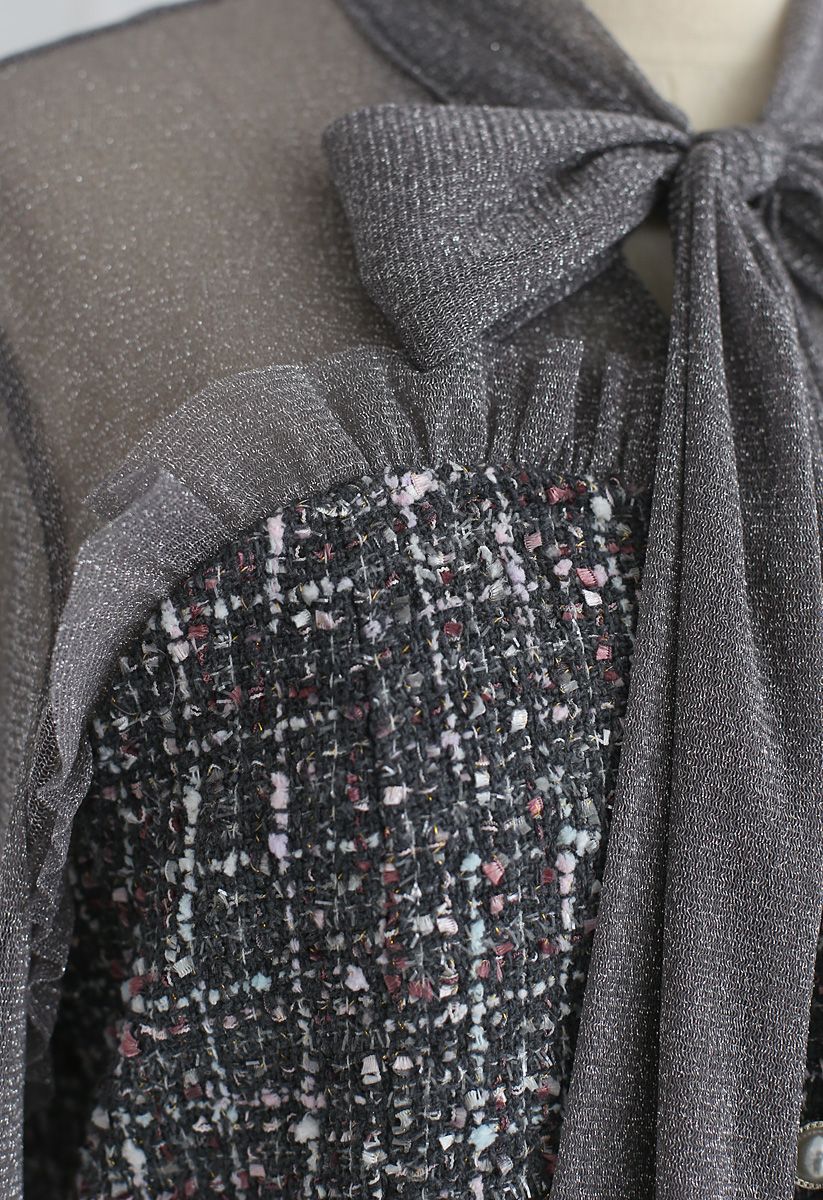 Shimmer Bowknot Mesh Tweed Dress in Grey