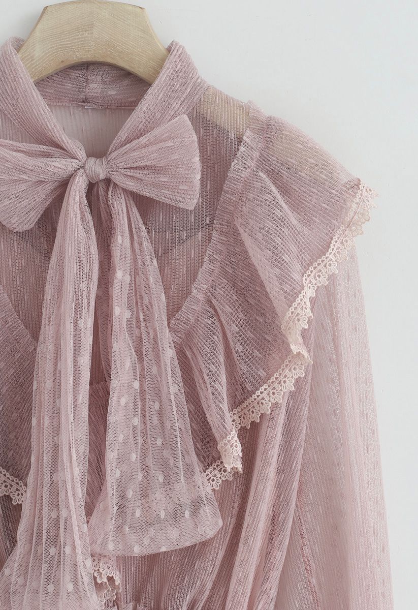 蝴蝶結荷葉邊網眼上衣--粉色