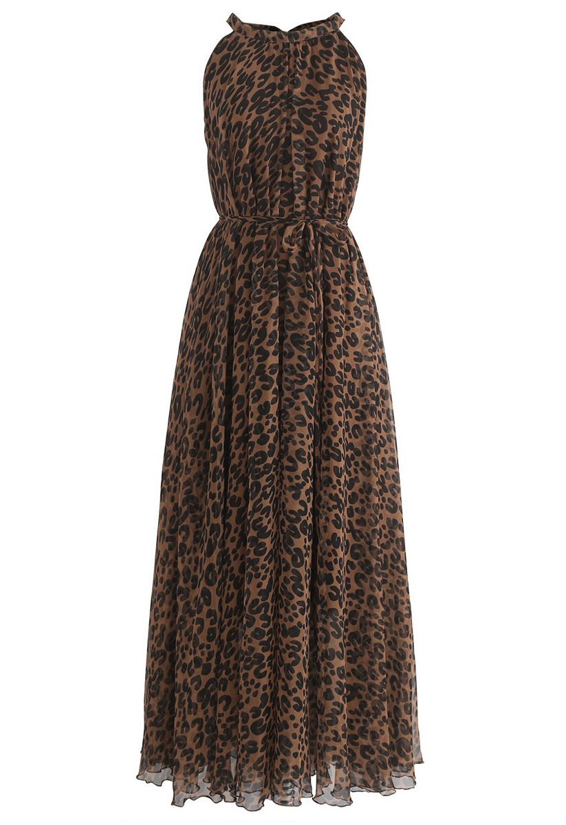 豹紋水彩長連衣裙，棕色