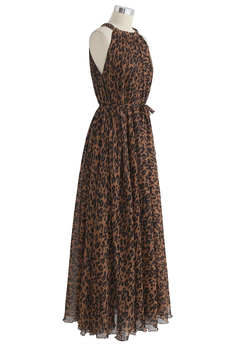 豹紋水彩長連衣裙，棕色