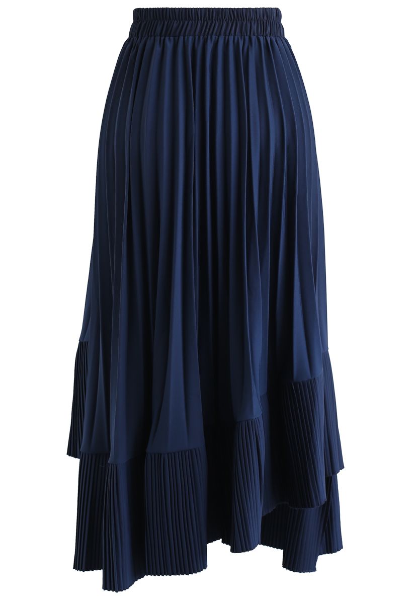 Here with You Asymmetric Pleated Skirt in Navy
