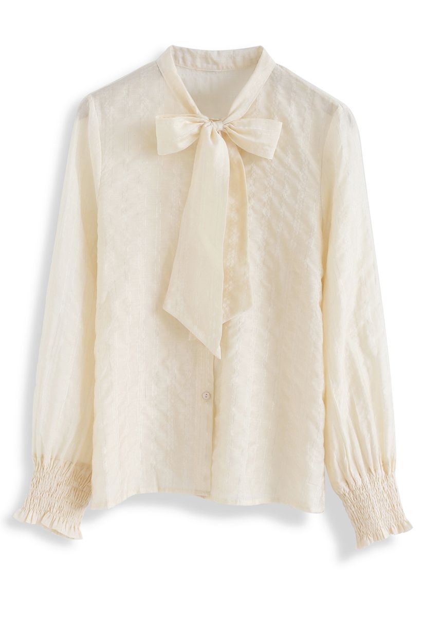 Tinsel Stripes Bowknot Shirt in Cream