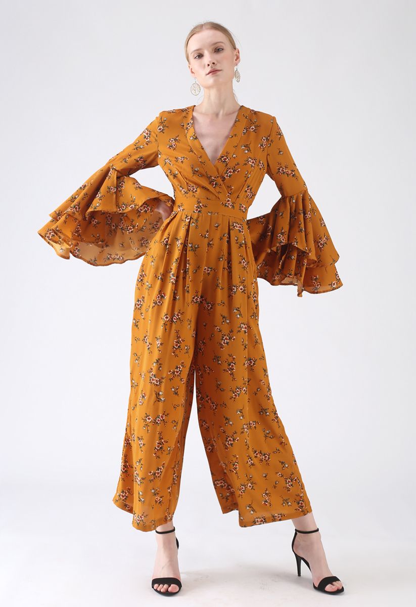 Azalea Blossom Jumpsuit with Tiered Bell Sleeves in Mustard