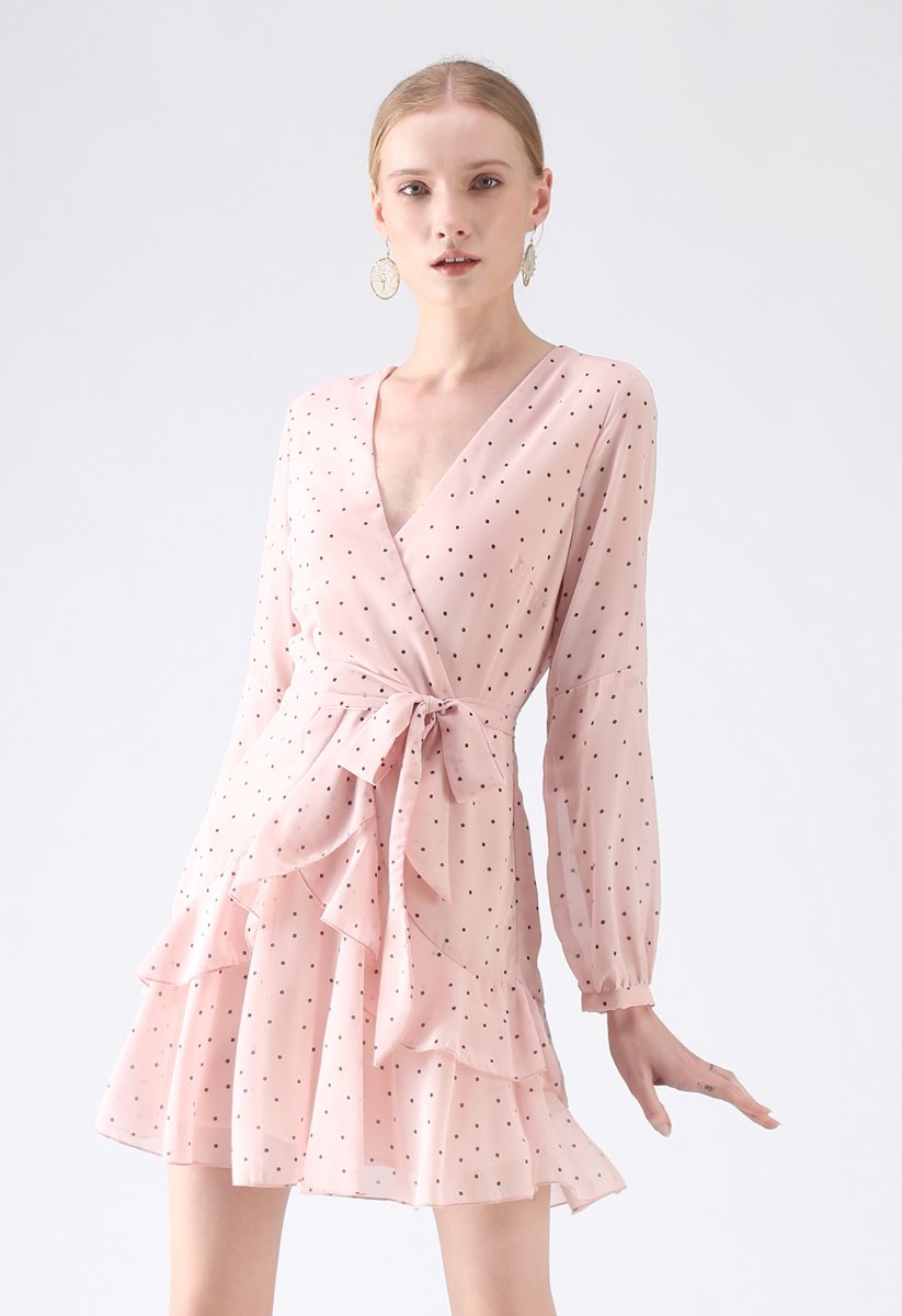 粉色波點綁帶連衣裙