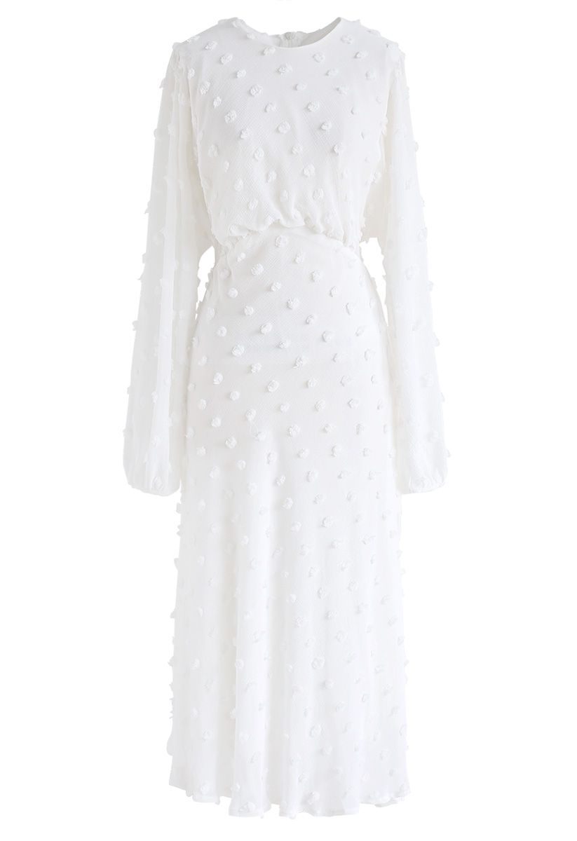 絨球裝飾薄紗長連衣裙--白色