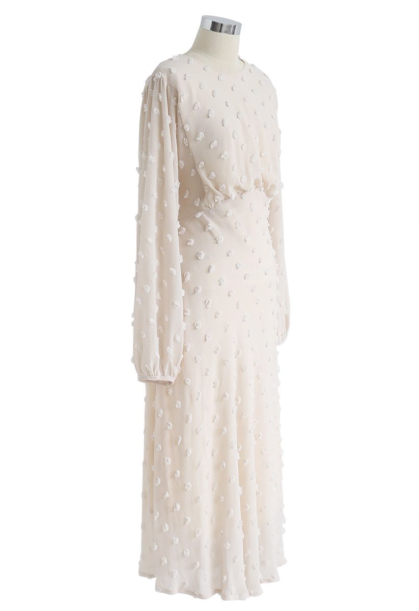 絨球裝飾薄紗長連衣裙--奶油白