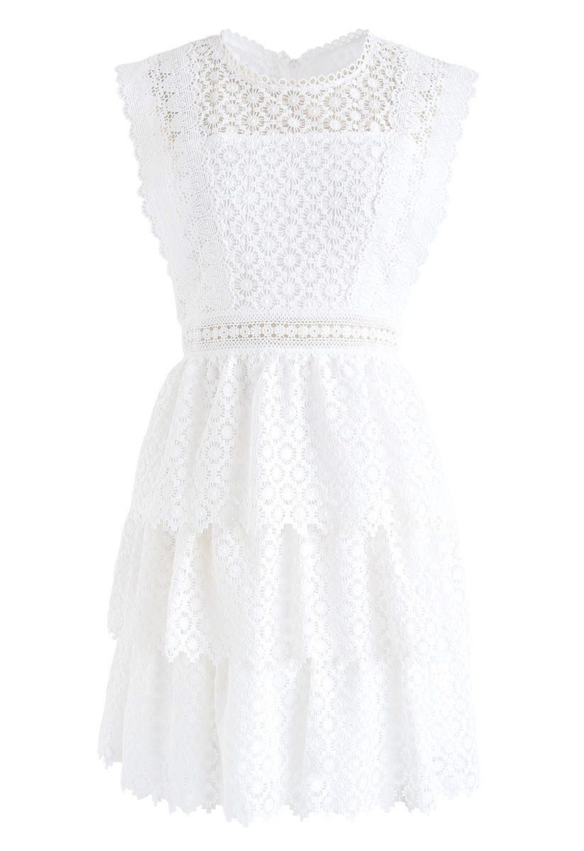 令人愉快的驚奇分層鉤針無袖連衣裙白色