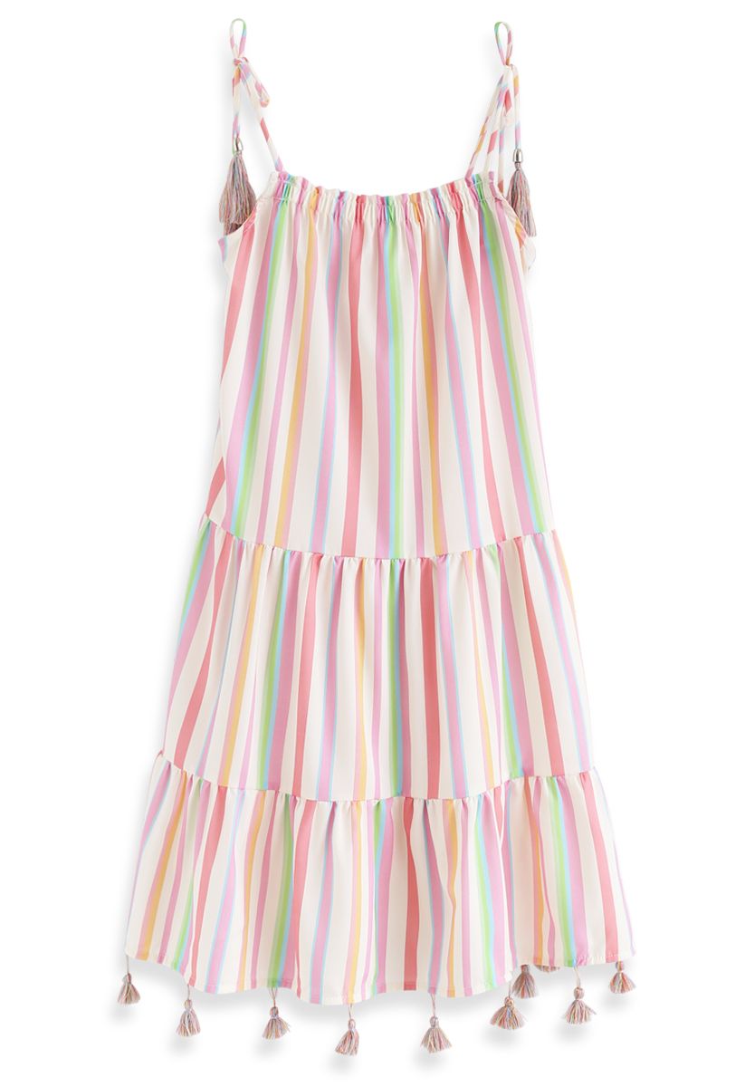 彩虹條紋長連衣裙--童裝