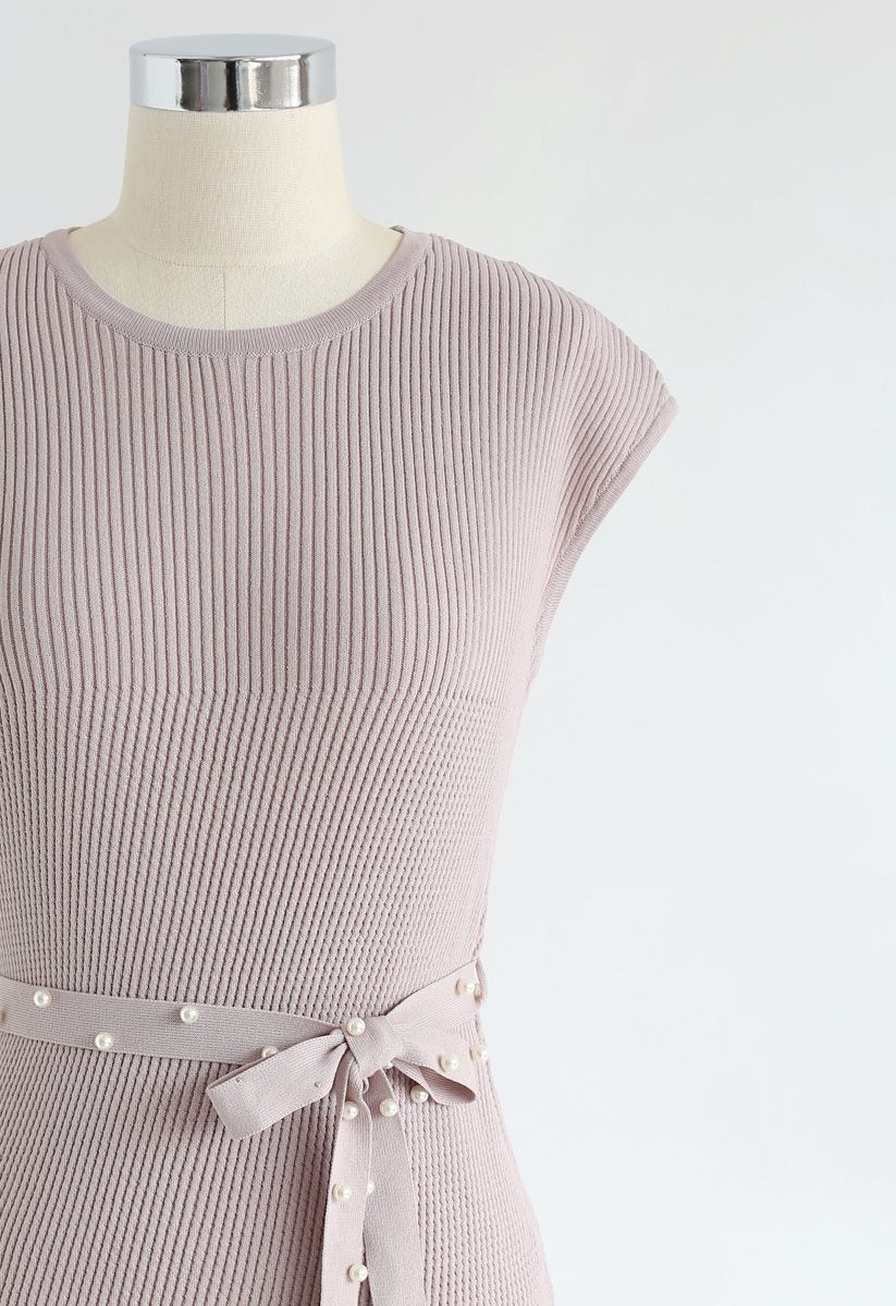 腰帶針織連衣裙--淡紫色
