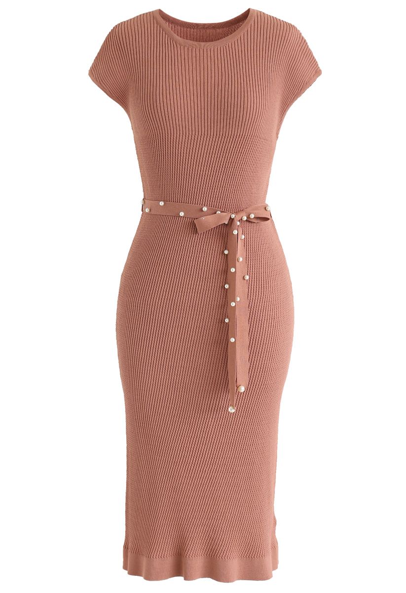 腰帶針織連衣裙--珊瑚色