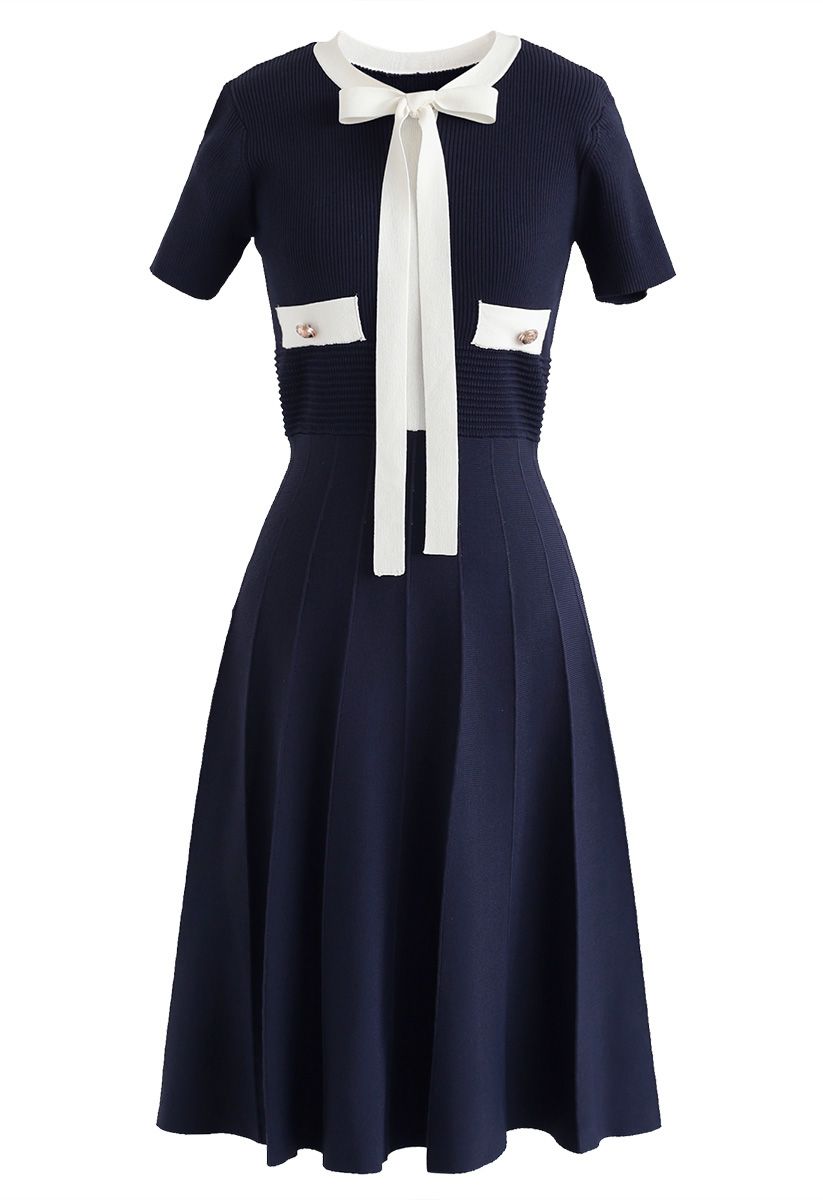 海軍藍蝴蝶結針織連衣裙