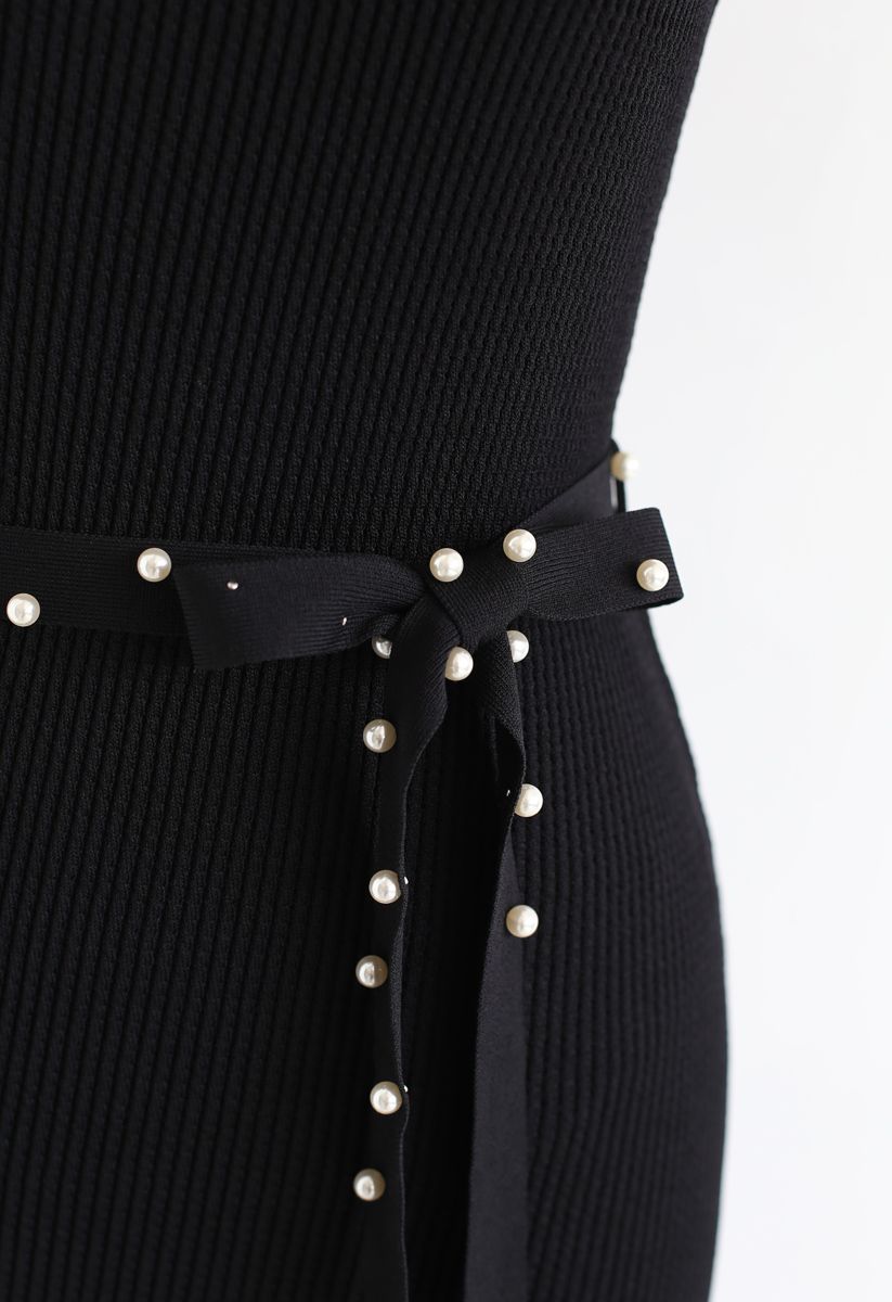 腰帶針織連衣裙--黑色