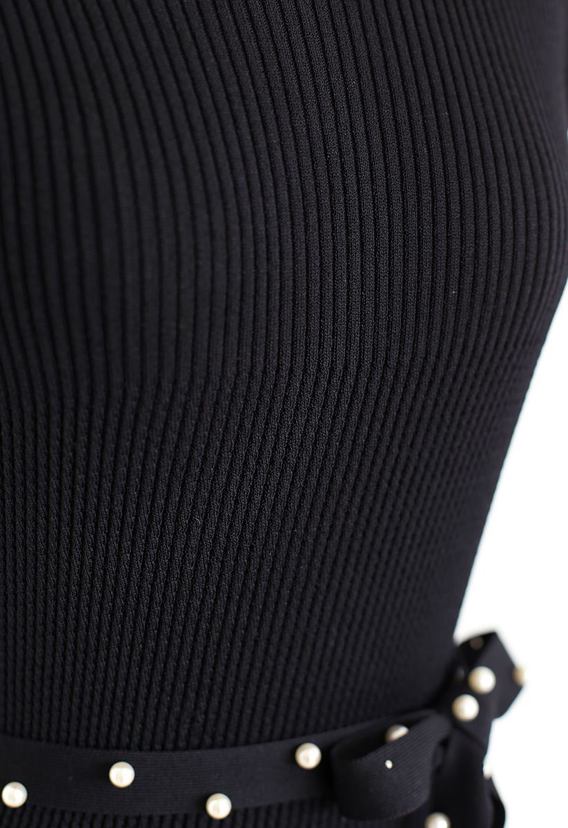 腰帶針織連衣裙--黑色