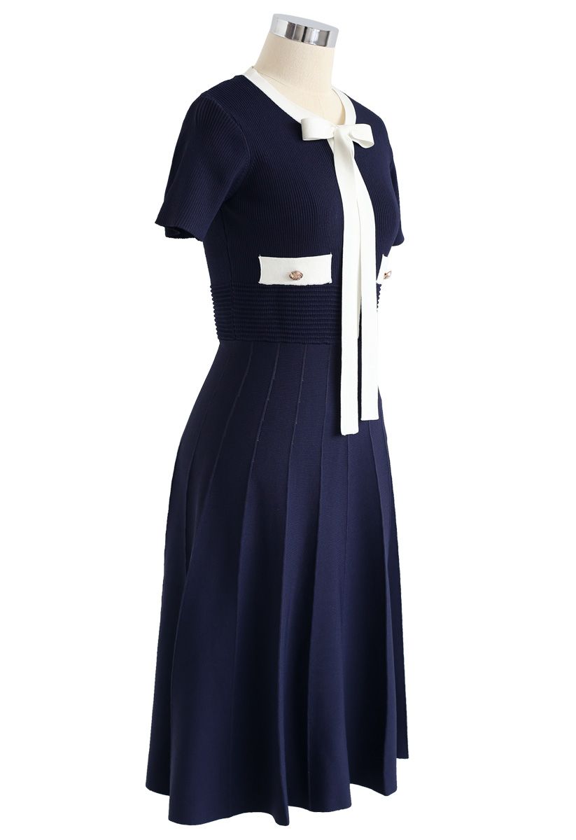 海軍藍蝴蝶結針織連衣裙