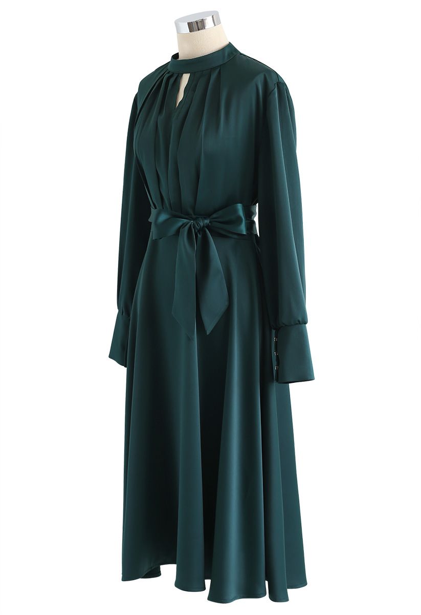 蝴蝶結繫帶緞面連衣裙--深綠色