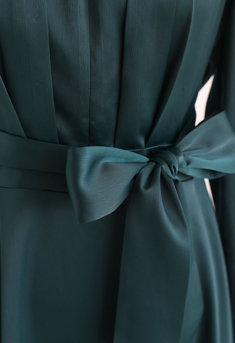 蝴蝶結繫帶緞面連衣裙--深綠色