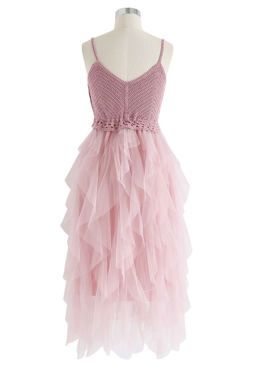 粉紅色針織荷葉邊網眼連衣裙