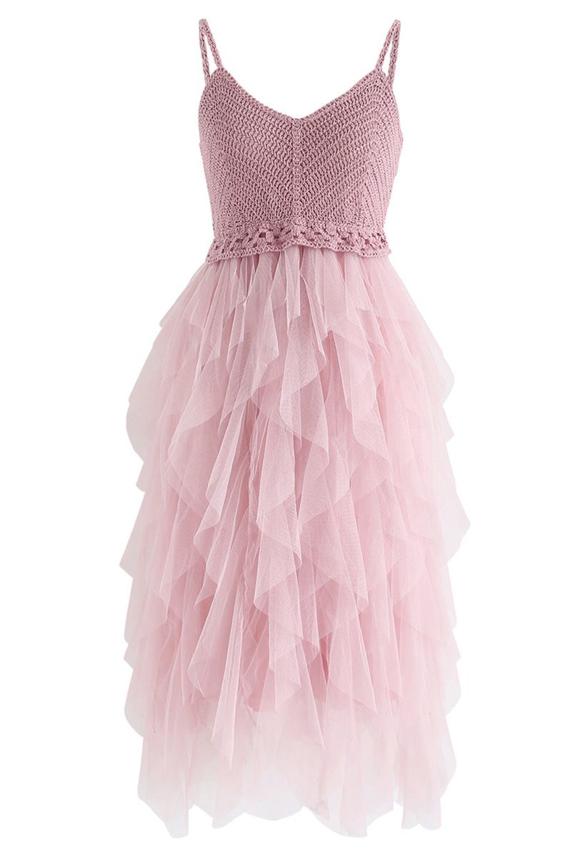 粉紅色針織荷葉邊網眼連衣裙