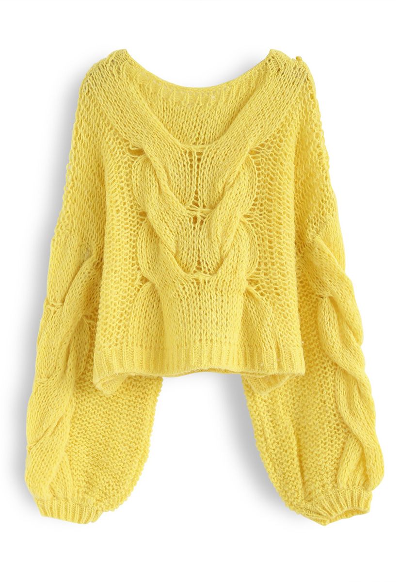 手工編織泡泡袖毛衣--黃色