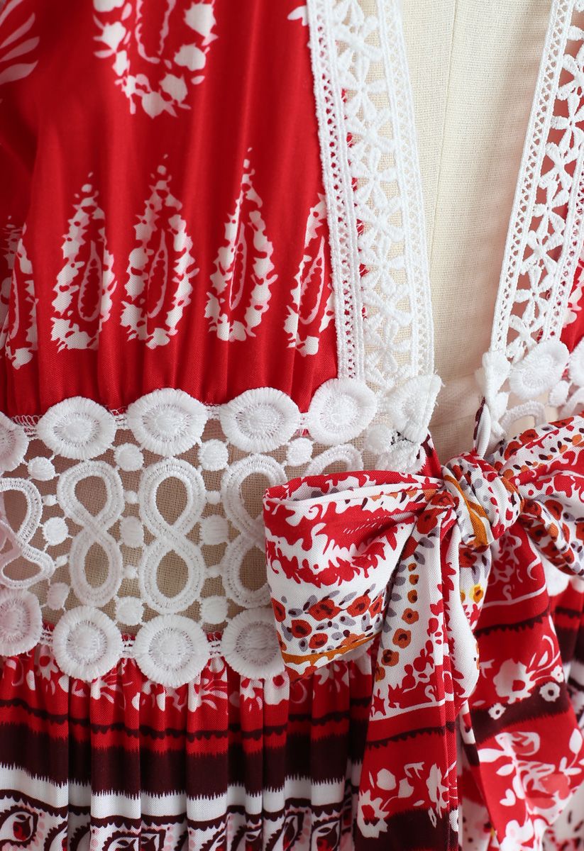 波西米亞鉤花飾邊綁帶和服