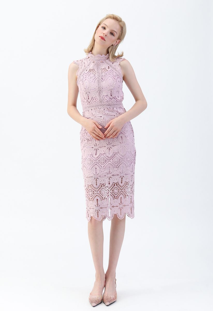 花卉鉤針編織緊身中長連衣裙--粉紅色