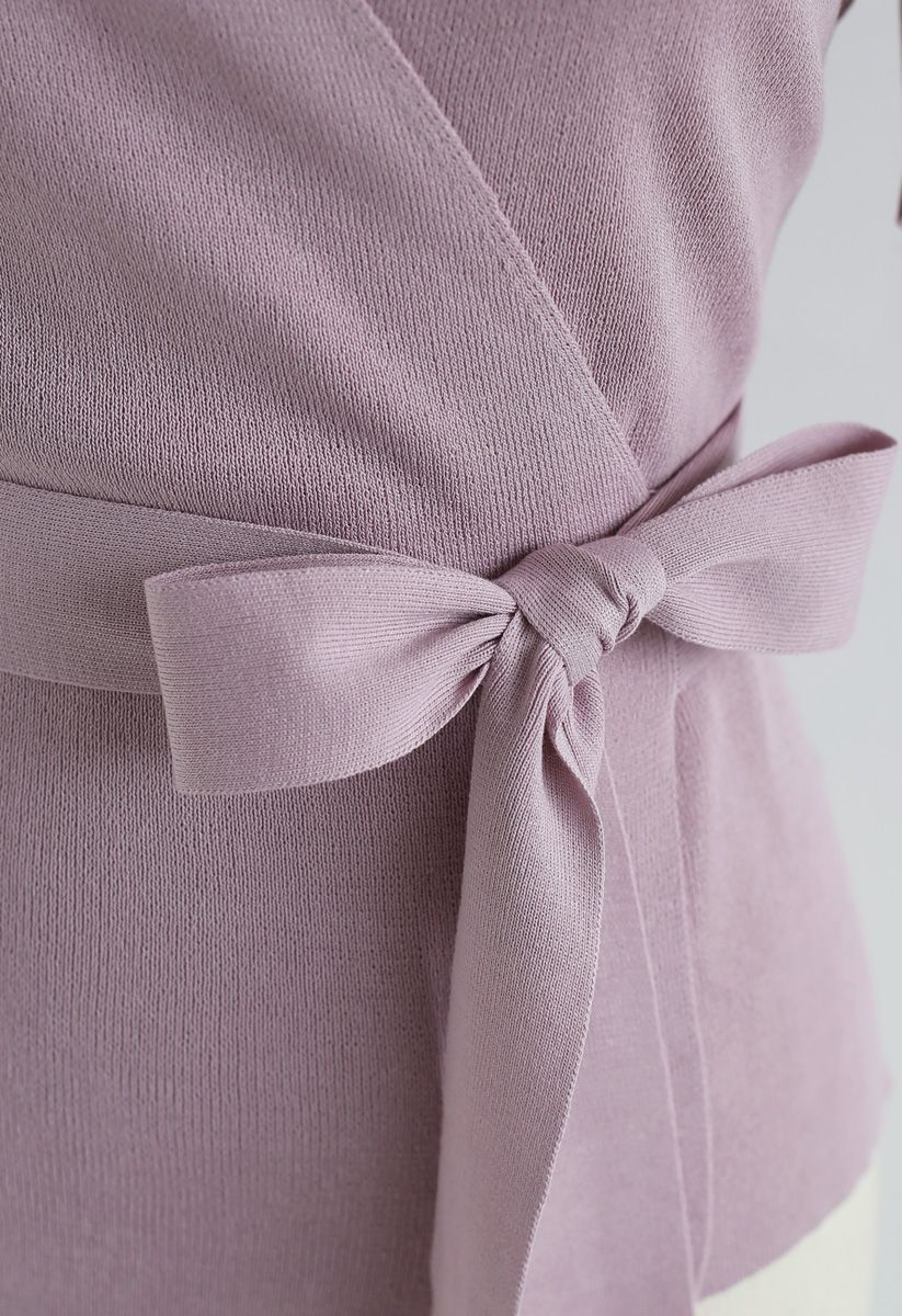 粉紅色自綁式蝴蝶結裹身針織上衣