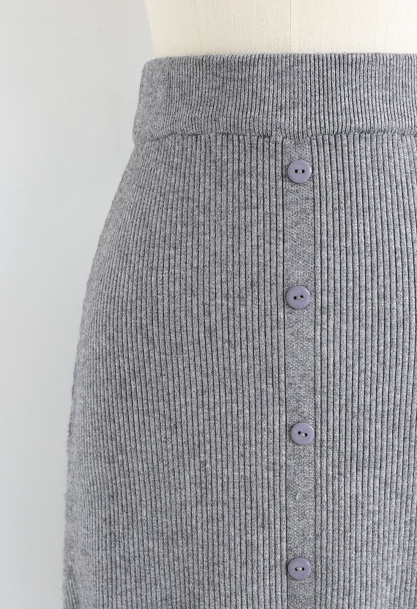 按鈕裝飾羅紋針織中長裙灰色--灰色
