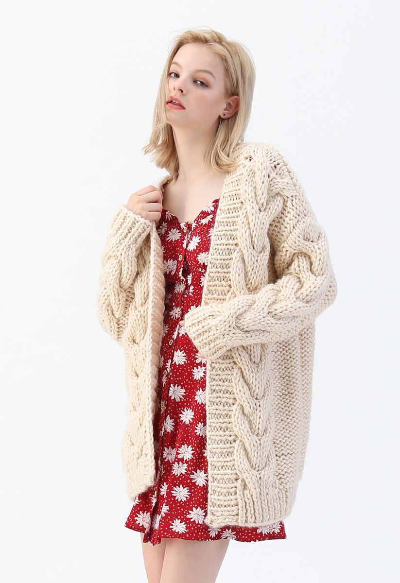 Cable Trim Chunky Hand Knit Cardigan
