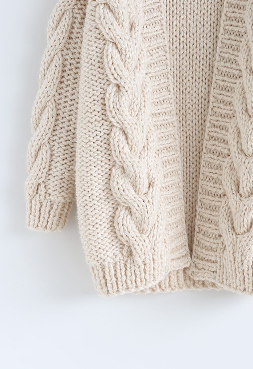 Cable Trim Chunky Hand Knit Cardigan