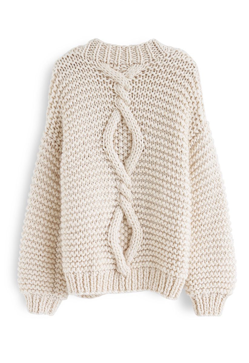 Hand Knit Cable Chunky Cardigan in Cream