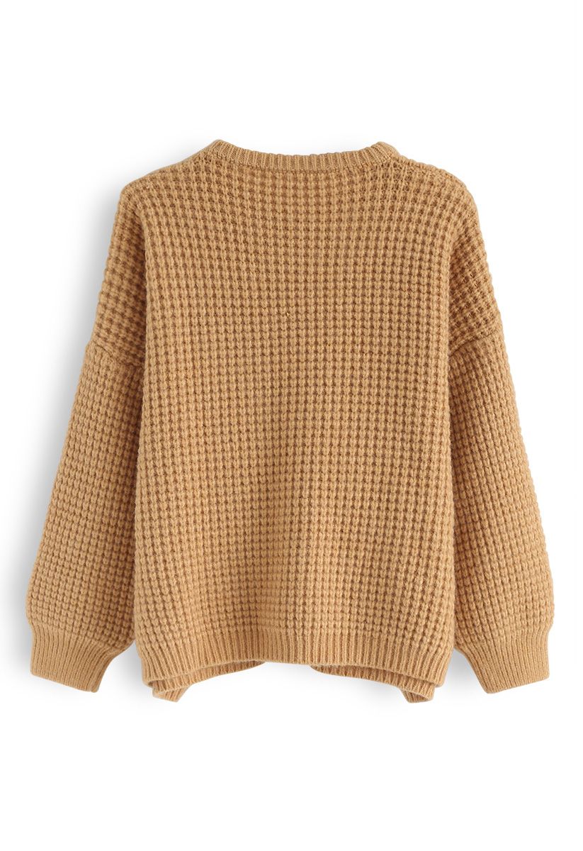 Puff Sleeves Oversize Waffle Knit Sweater in Camel