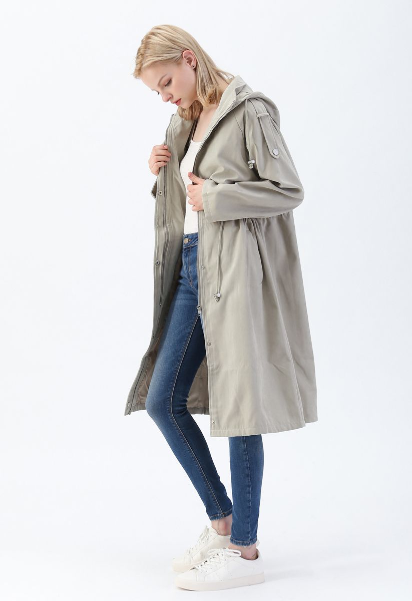 Drawstring Waist Hooded Trench Coat in Sand