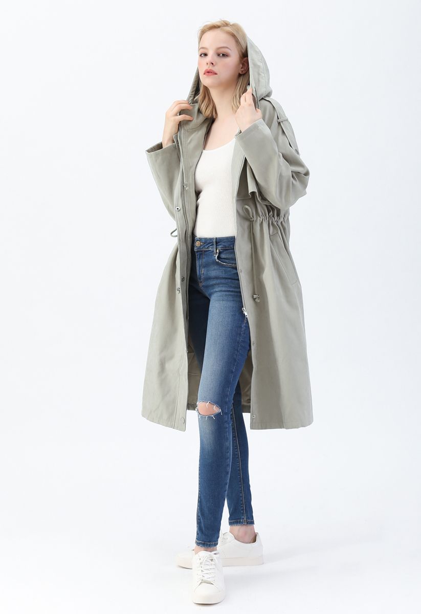 Drawstring Waist Hooded Trench Coat in Sand