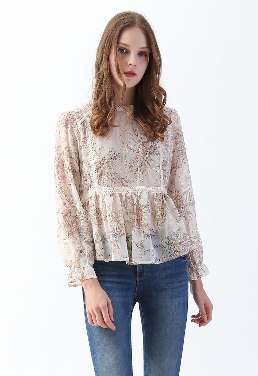 Bouquet Printed Eyelet Embroidered Peplum Top in Cream