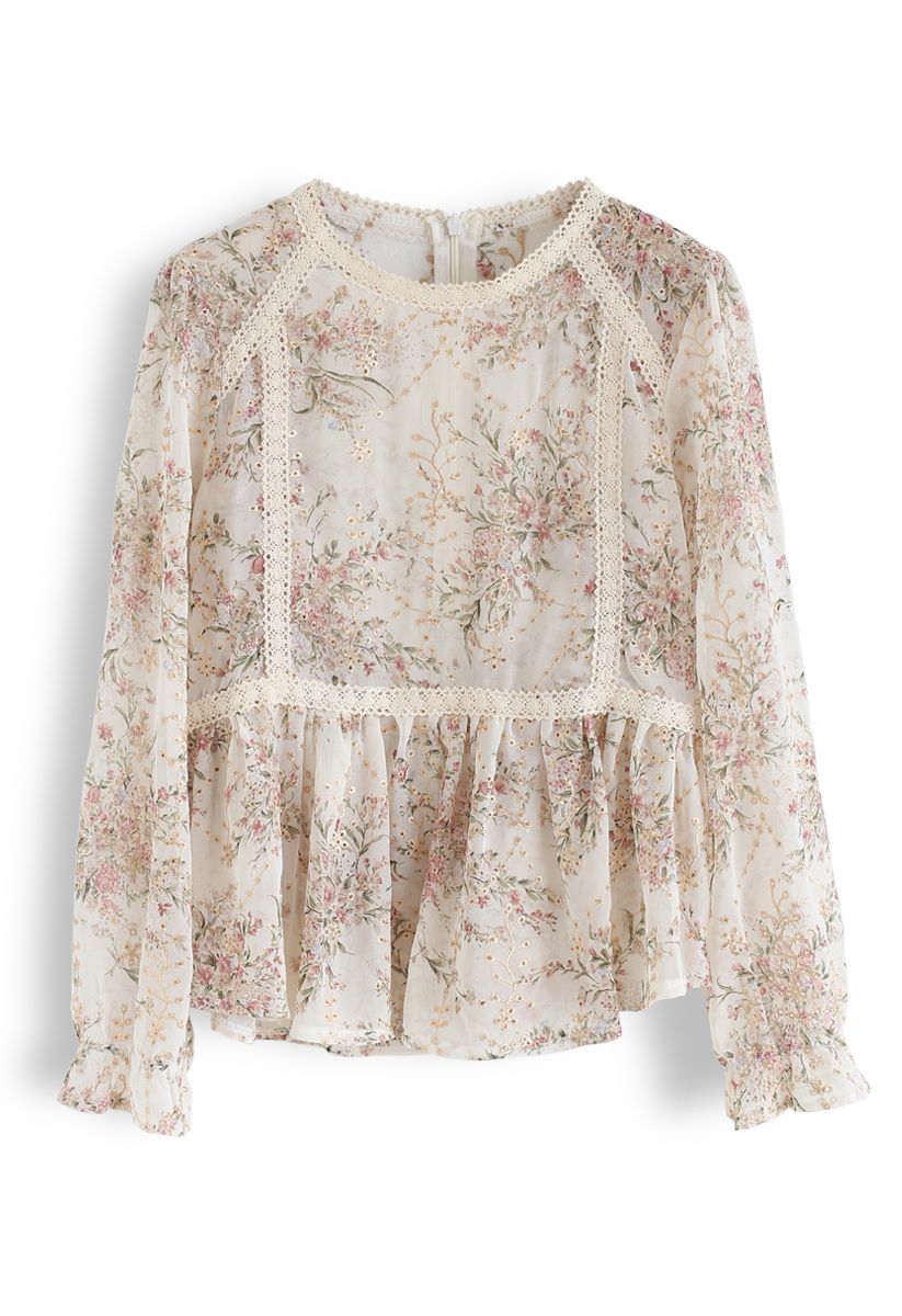 Bouquet Printed Eyelet Embroidered Peplum Top in Cream