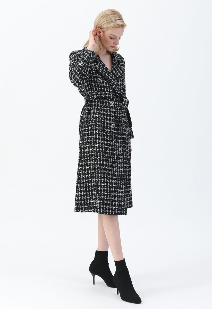 Glittery Double-Breasted Longline Tweed Coat 
