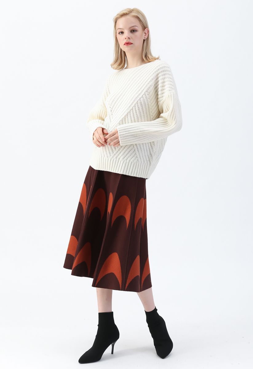Moon Pattern Knit A-Line Midi Skirt in Caramel