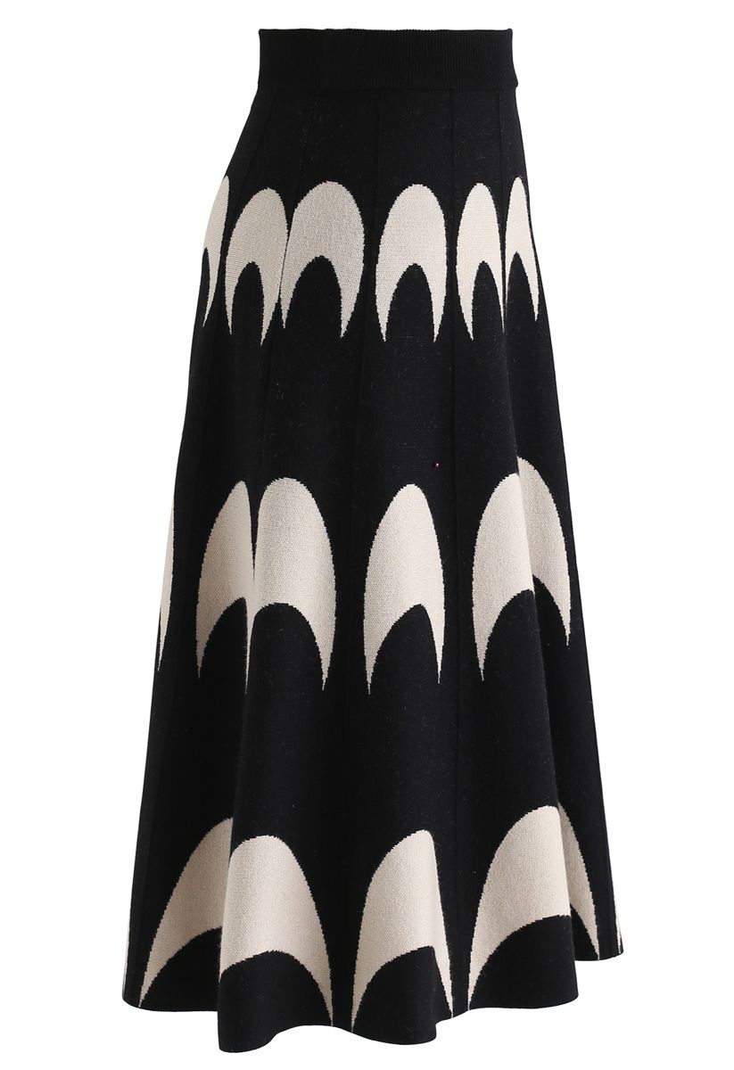Moon Pattern Knit A-Line Midi Skirt in Black