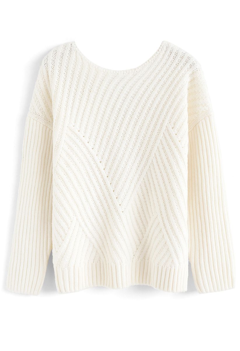 Bowknot Cutout Back Ribbed Knit Sweater in Ivory