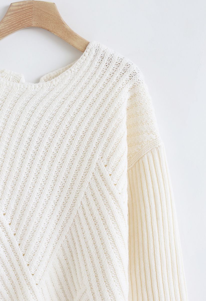 Bowknot Cutout Back Ribbed Knit Sweater in Ivory