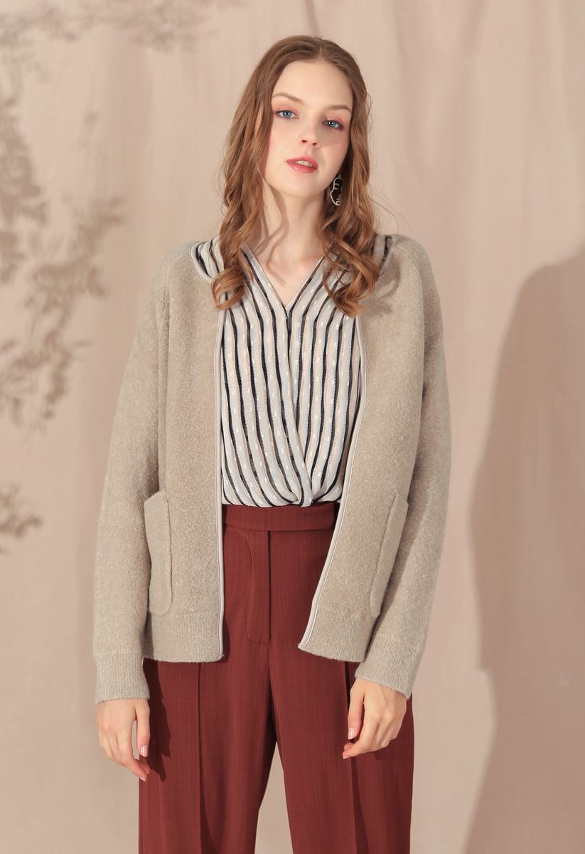 Pockets Open Front Cardigan in Tan