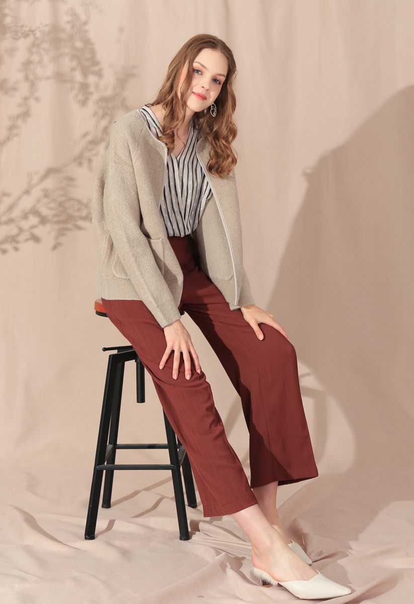 Pockets Open Front Cardigan in Tan