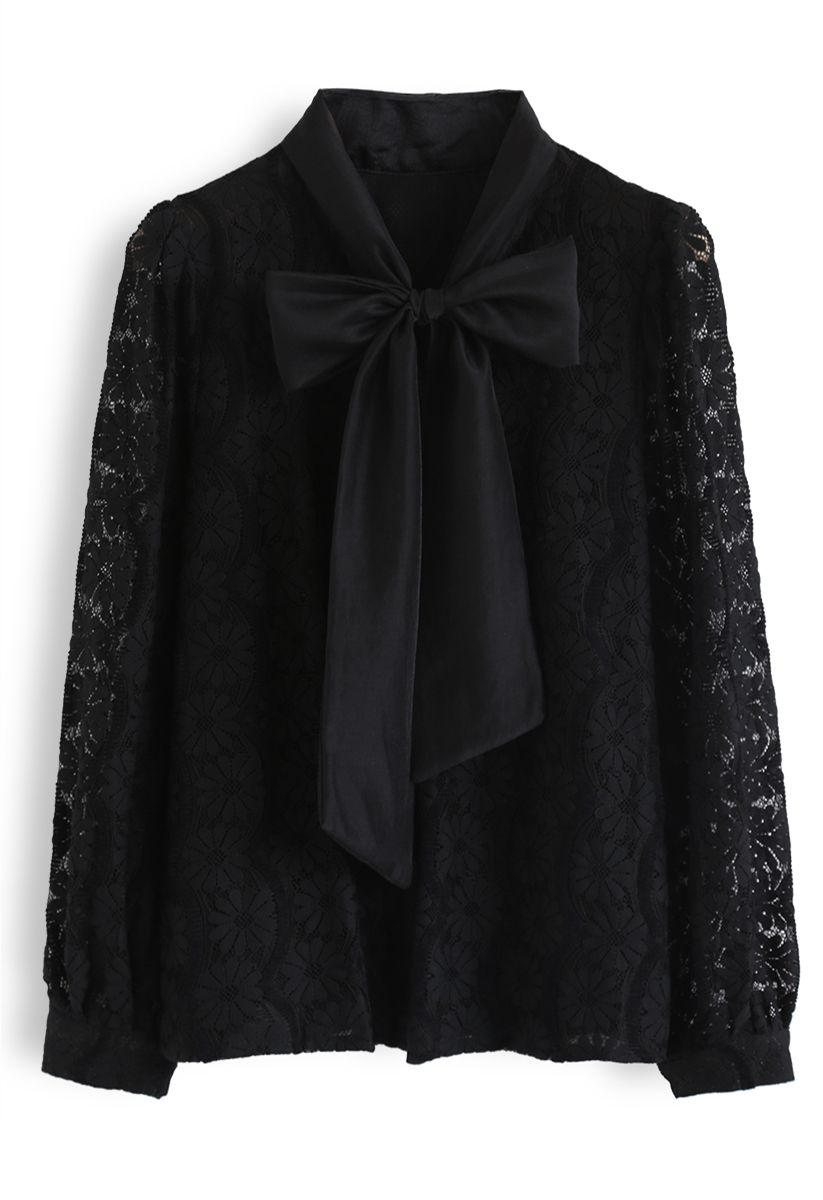 Floral Lace Bow Neck Shirt in Black