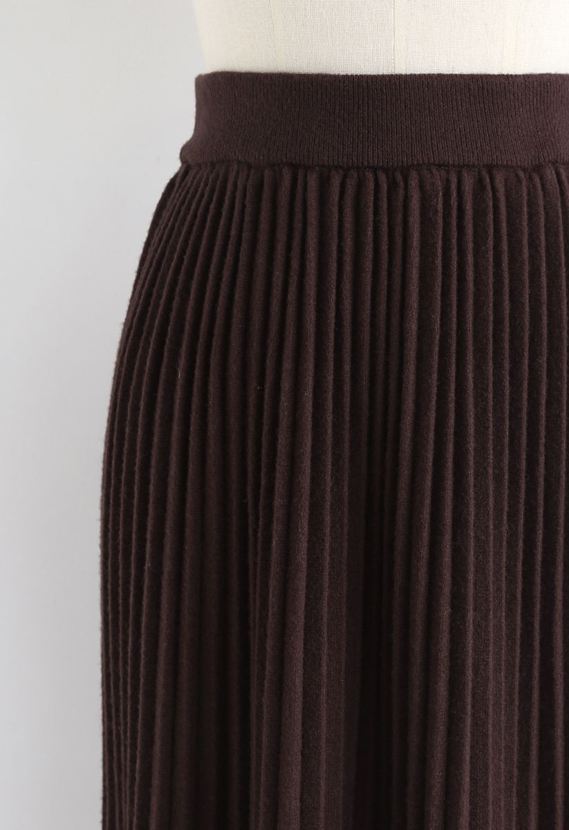 Graceful Bearing Pleated Knit Midi Skirt in Brown