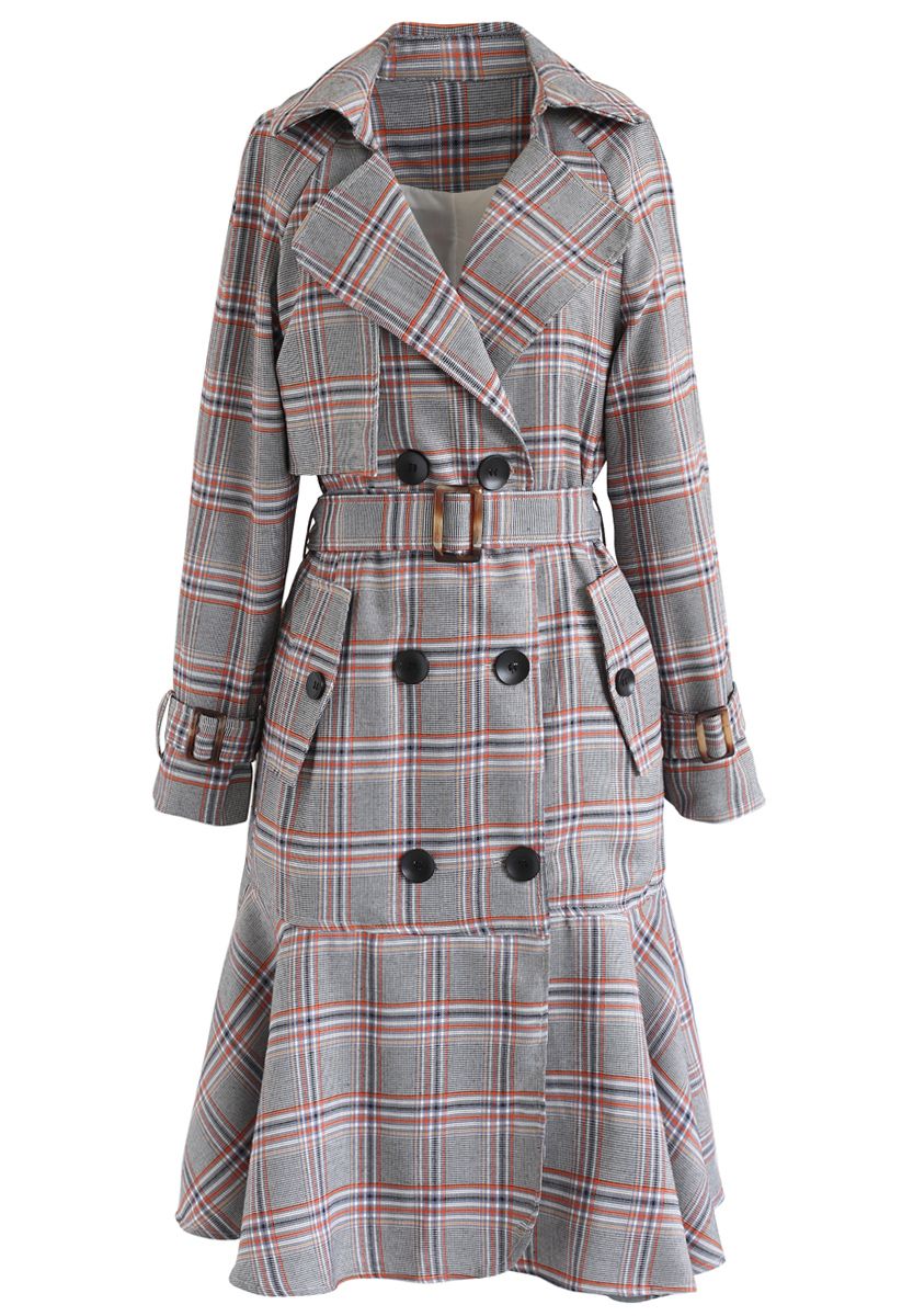 Red Plaid Frilling Hem Double-Breasted Belted Coat 