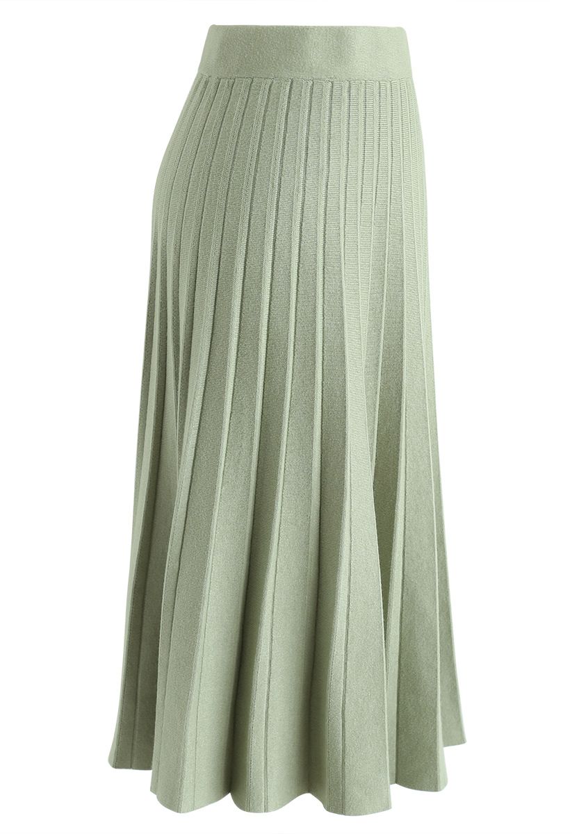 A-Line Pleated Knit Midi Skirt in Pea Green