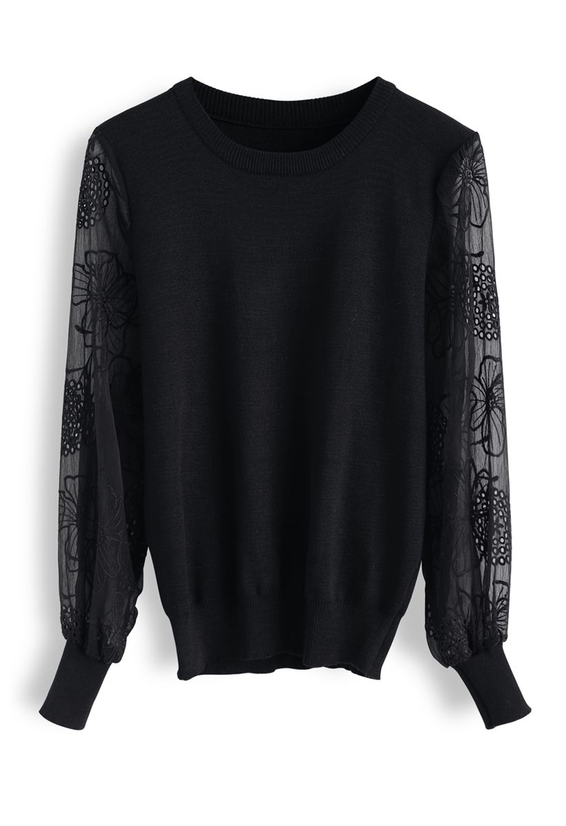 Floral Embroidered Sheer Sleeves Knit Sweater in Black Retro